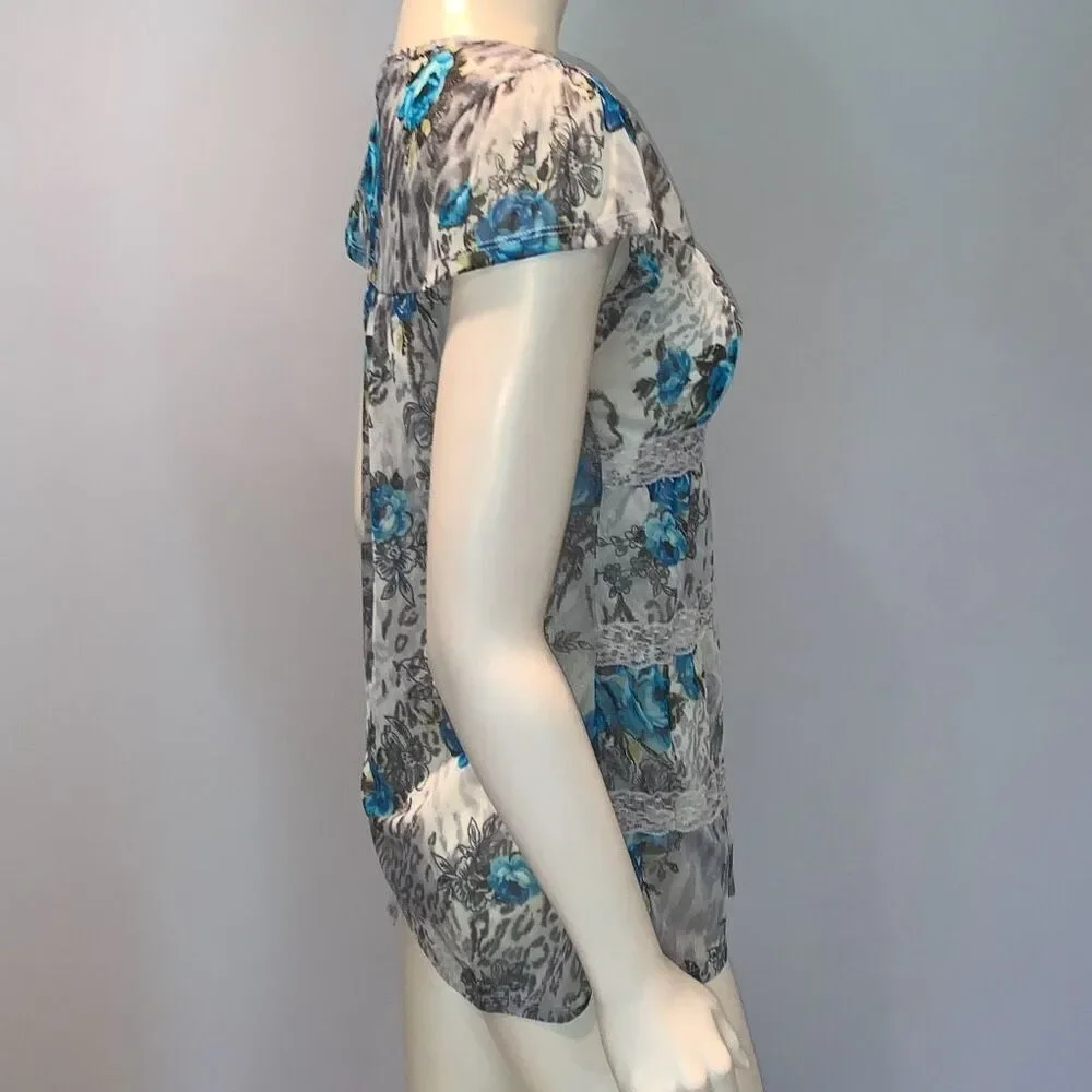 Vintage 90’s Y2K Self Esteem Sheer Chiffon Tiered‎ Lace Babydoll Top Size Large